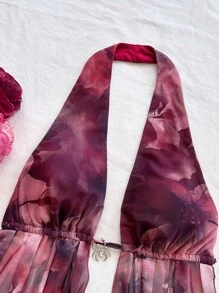 Soleia 全新休闲度假西部海滩婚礼宾客服装毕业早午餐女装圣帕特里克节春假复活节音乐节优雅波西米亚热带露背针织不对称印花系带露背上衣和短裤套装 - 乾枯玫瑰色 - 查看 5