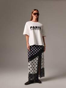 AiiRZ 波尔卡圆点黑白蕾丝边高腰侧开衩长裙优雅晚会场合装婚礼宾客节日夏秋时尚 - 黑與白 - 查看 4