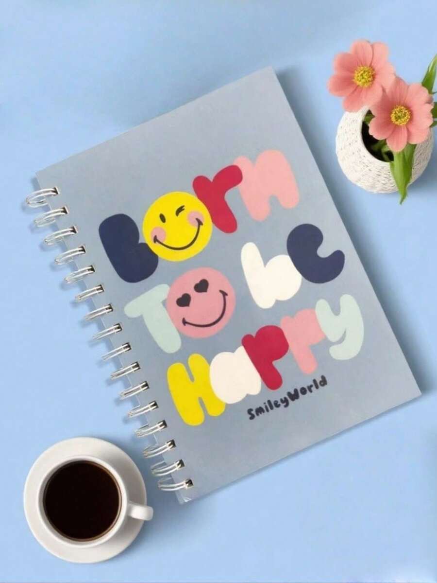 SmileyWorld® | SHEIN Letter & Smile Face Print Notebook - Blank Notebook For Drawing & Journaling,Vintage Retro Notebook, Unlined Diary For Artists - Multicolor - View 1