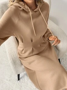 SHEIN LUNE Women's Casual Cinched Waist Hoodie Dress,Long Sleeve Camel Beige Hooded For Autumn Winter Occasion,Chic Country Style Fall Party Brunch Clothes - Brown - View 8