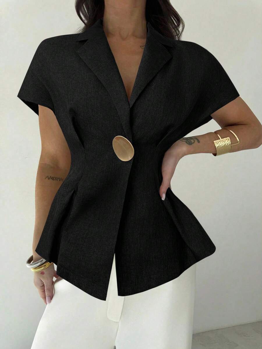 Firerie Women's Casual/Office Linen Ruched Waist Short Sleeve Shirt With Metal Button, Navy Blue,Elegant Women's Blouses - Black - View 1