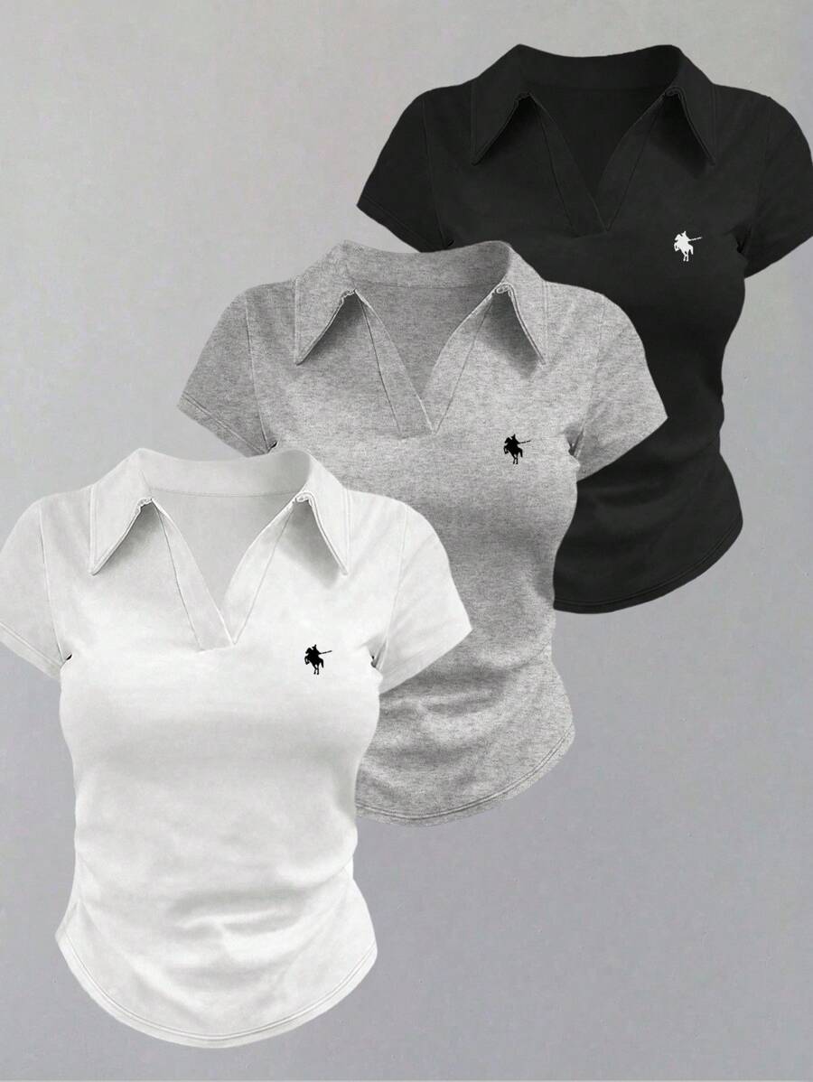 INAWLY 大码女式夏季骑士印花短袖休闲T恤 - 黑色 - 查看 1