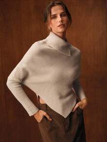 MOTF PREMIUM 不对称下摆高领毛衣 - 杏色 - 查看 5