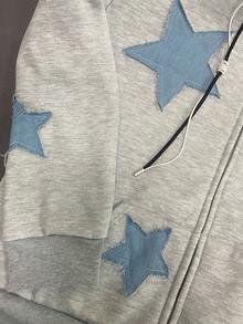 INAWLY 星星贴花保暖内衬连帽衫，秋冬休闲装 - 灰色 - 查看 5