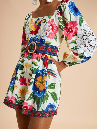 Travachic Women's White Floral Tropical Parrot Print Romper,Summer Boho Holiday Garden Party Playsuit,Lace Decor Casual Vacation Resort Wear,Autumn Outfits