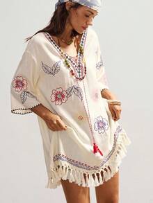 Bohemela 女士休闲纯色梭织V领宽松迷你连衣裙 - 杏色 - 查看 5