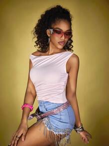 INAWLY Women Solid Color Pleated Asymmetric Collar Casual Summer T-Shirt - Pink - View 4