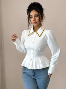 Elenzga Camicia da donna con orlo arricciato, manica lunga, bianca - Bianco - Visualizzare 5