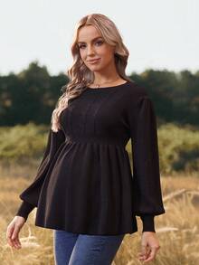 SHEIN Solid Color Cable Knit Ruffle Hem Maternity Sweater - Black - View 6