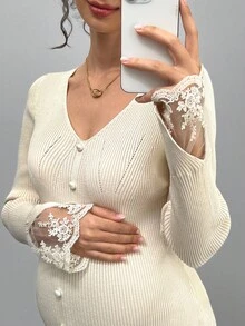 Momance V-Neck Pearl Button Lace Patchwork Knit Sweater Top, Fashionable Layering Piece For Women, Autumn/Winter - Apricot - View 7