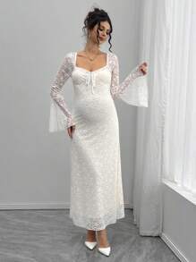 SHEIN Solid Color Lace Long Flare Sleeve Square Neck A-Line Fitted Maternity Dress - White - View 3