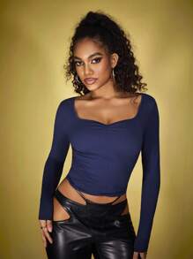 Zyxie 女士纯色甜心领长袖休闲修身 T 恤