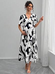 SHEIN Maternity Summer Fashion Color Block Print Split Dress - Black and White - View 5