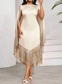 SHEIN Lady CURVE 2025新款加大码女装节日纯色编织流苏中长连衣裙缎面面料生日及活动礼服/办公礼服/教堂礼服/婚纱/节日礼服 - 金色 - 查看 1