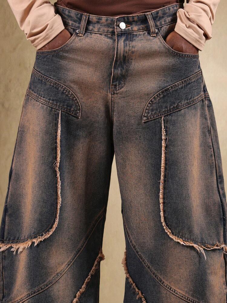 Wide Leg Distressed Denim With Frayed Seams