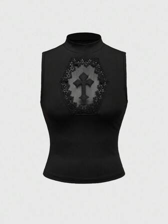 Kawaii Plus Size Cross Applique Mesh Insert Tank Top