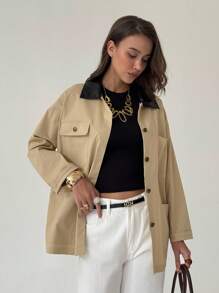 Aloruh Women's Casual Commuter Contrast Collar Regular Jacket In Fall/Winter - Khaki - View 4