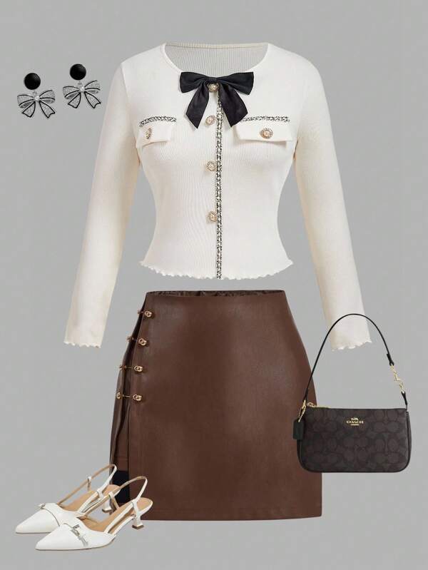 SHEIN MOD Blusa de manga larga con parche de cinta y lazo decorativo, top de mujer de invierno, camisa elegante para dama, blusas para mujer en beige, adecuado para uso diario, Día de San Valentín, ceremonia de graduación