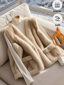 Franclia Fashionable Temperament Luxury H-Type V-Neck Sleeveless Winter Women's Khaki Plush Vest Women's Winter Fake Fur Coat - Apricot - View 1