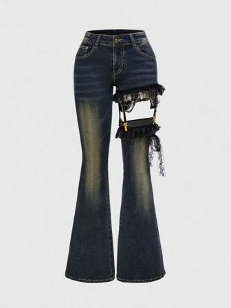 J-Fashion Y2K Gyaru Harajuku Große Größen Spitze Patchwork Kreuz Superstiefhüftige Skinny Jeans