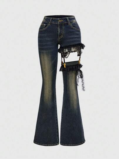 J-Fashion Y2K Gyaru Harajuku Plus Size Lace Patchwork Cross Super Low Waist Skinny Jeans