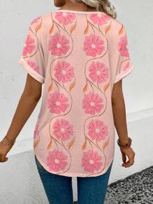 SHEIN VCAY 女士休闲短袖畅销花卉图案V领T恤 - 彩色 - 查看 2