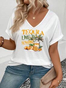 INAWLY Plus Size Women Casual V-Neck Short Sleeve Popular Fruit Element Print T-Shirt - White - View 6