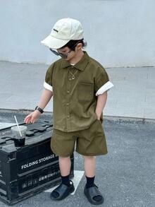 童装年轻男童男童休闲街头日韩宽松撞色系黑色衬衫搭配黑色工装短裤两件套适合童装儿童男童装开学男童套装适合生日派对晚会演出婚礼洗礼开幕式适合中东日常穿着适合上学适合旅行适合春夏运动 - 軍綠色 - 查看 7