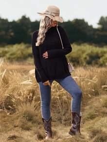 SHEIN Maternity Twist Cable Pattern Raglan Sleeve Casual Versatile Sweater - Black - View 6