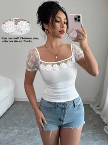 Elenzga 女士优雅拼布花卉蕾丝刺绣修身短袖 T 恤，夏季 - 白色 - 查看 1