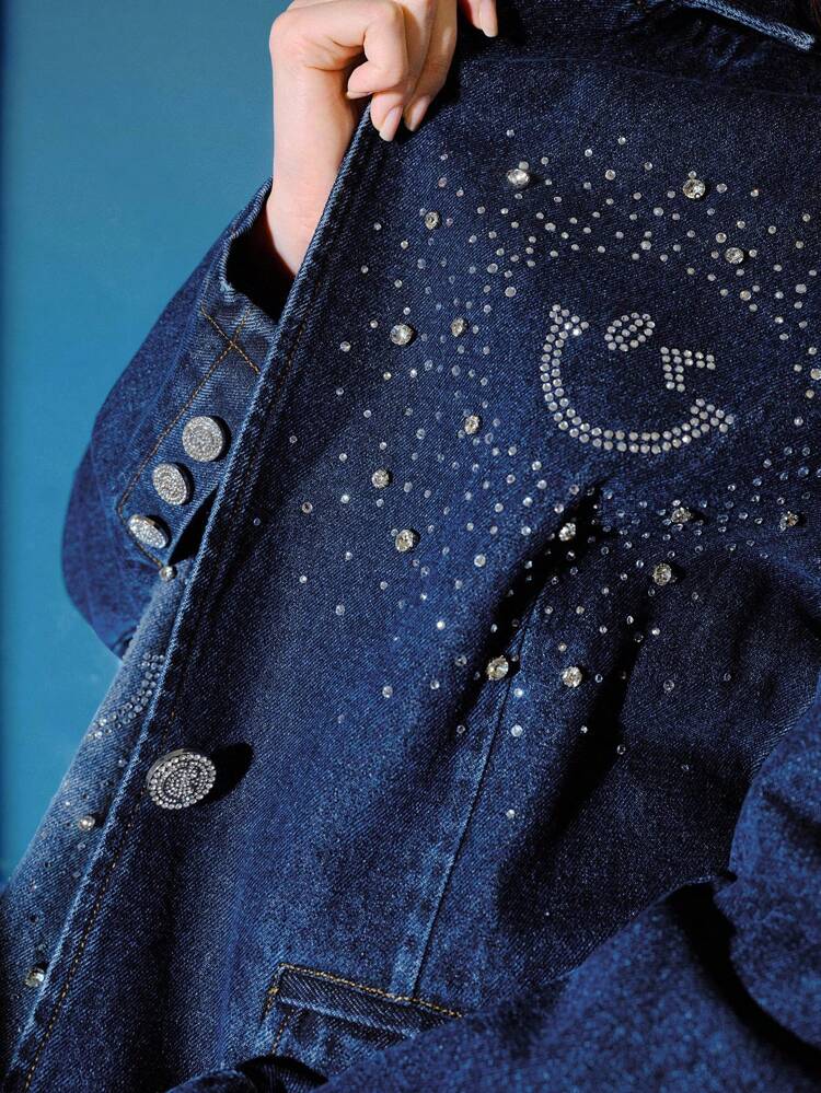 S.W.Smiley x MOTF LAPEL COLLAR RHINESTONE DETAIL WASHED DENIM COAT