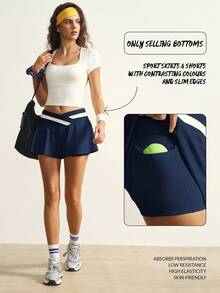 VARSIVA 女式撞色条纹V腰休闲百搭运动短裙短裤 - 藏蓝色 - 查看 4