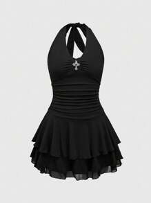 ROMWE J-Fashion Plus Size Women's Punk Cross Decor Multi-Layer Halter Mini Dress - Black - View 5