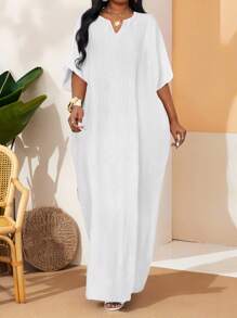 SHEIN Lady 春夏白色纹理编织面料V领长款宽松短袖加大码睡袍加大码连衣裙