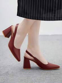 CUCCOO BIZCHIC 尖头粗高跟酒红色后带简约女士高跟鞋，简约镂空后跟女士正装鞋，适合日常、通勤和工作装 - 酒紅色 - 查看 7
