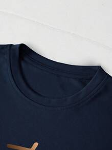 INAWLY 大码字母印花短袖T恤图案T恤女式上衣 - 藏蓝色 - 查看 3