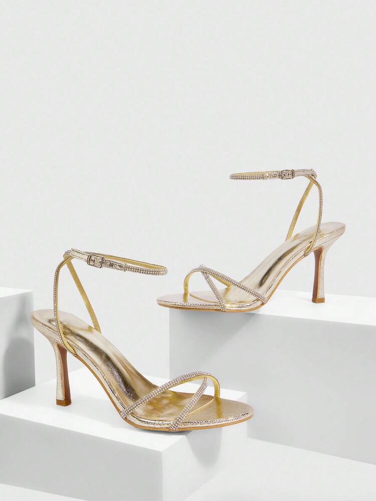 CUCCOO SZL Women's Gold Metal PU Thin Strap Rhinestone Decor Strap Ankle Strap Fashionable Sexy Metallic Nightclub Style Round Toe Thin High Heel Sandals