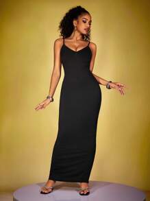 INAWLY Đầm dài bó sát hở lưng màu trơn cho nữ - màu đen - Xem 3