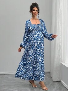 Momance Elegant Floral Print Dress For Pregnant Women, Suitable For Commuting - Blue - View 3