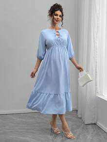 SHEIN 孕妇纯色圆领抽绳荷叶边袖休闲连衣裙 - 藍色 - 查看 5