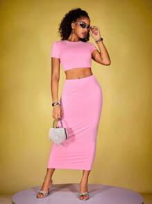 INAWLY Solva Solid Slim Fit Crop Top And Skirt Set - Pink - View 4