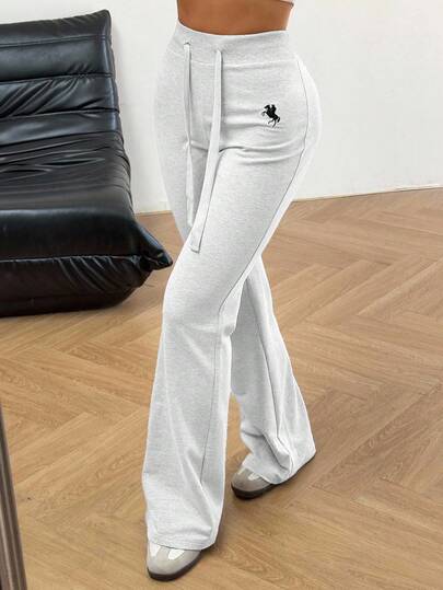 SHEIN EZwear Women's Casual Versatile Embroidered Drawstring Waist Flare Sweatpants,Fall Flared Sweatpants Comfy Pants Women Sweatpants