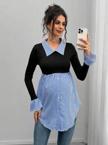 Momance Maternity Stylish Stripe 2 In 1 Long Sleeve Top - Multicolor - View 1
