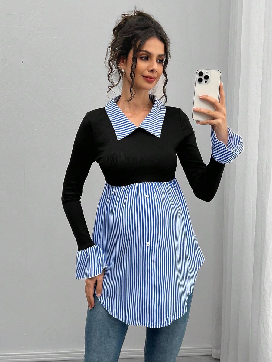 Momance Maternity Stylish Stripe 2 In 1 Long Sleeve Top - Multicolor - View 1