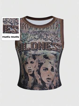 Grunge Punk Top a canotta aderente con stampa punk western, decorato con strass, taglie comode