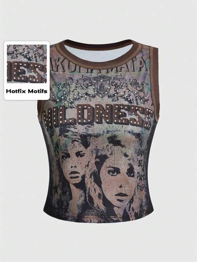Grunge Punk Music Festival Western Punk Print Rhinestone Decor Plus Size Fitted Tank Top