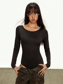 INAWLY Sexy Solid Color Twist Back Long Sleeve Bodysuit Fall Cloth For Women - Black - View 4