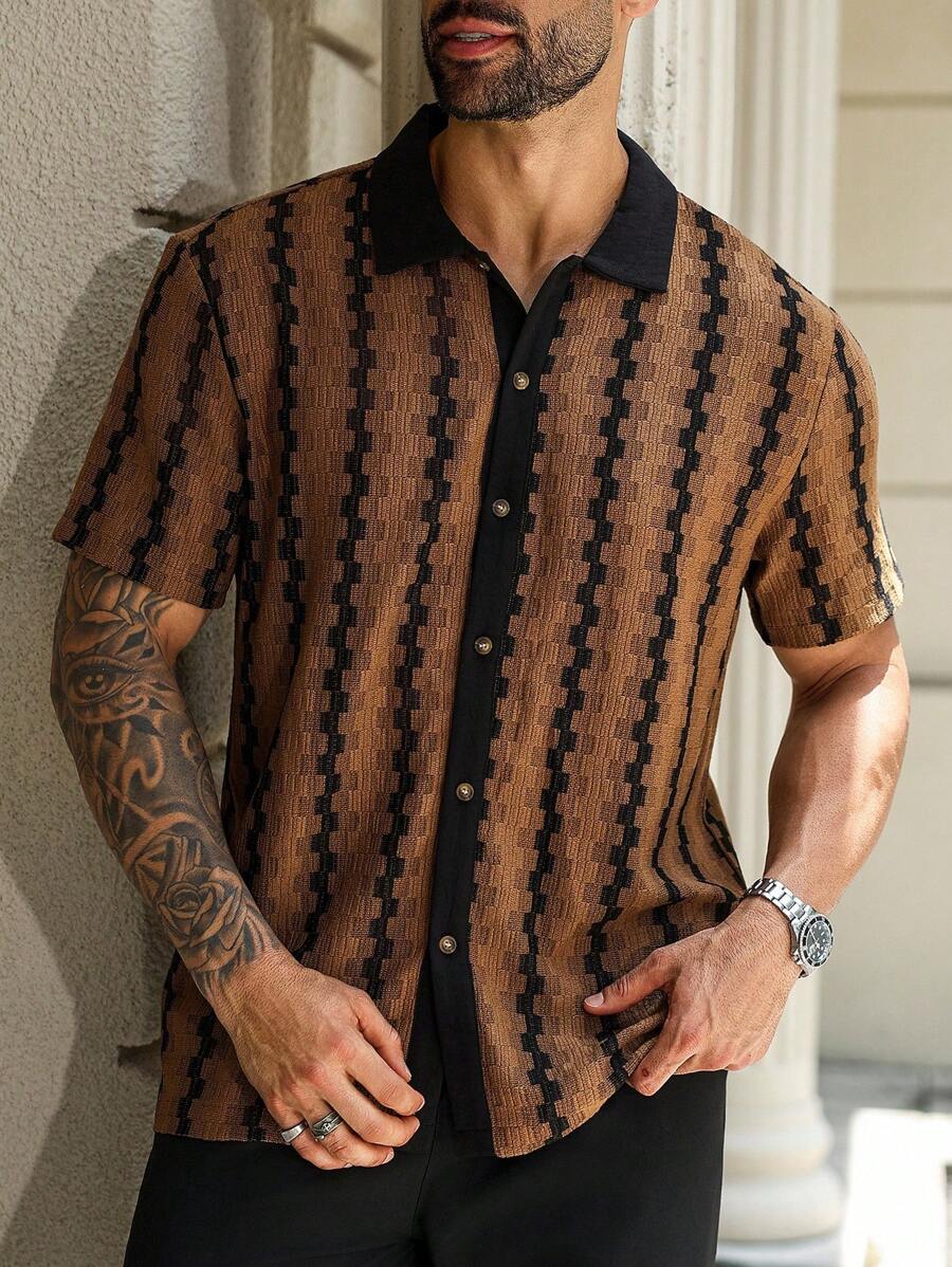 Manfinity Homme 夏季大码男士休闲拼色条纹短袖衬衫 - 咖啡棕 - 查看 1