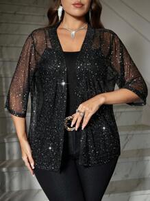 SHEIN Clasi 大码优雅浪漫银色网纱面料黑色亮片外套，黑色亮片上衣，秋季，约会之夜，老钱女性，万圣节服装 - 黑色 - 查看 5