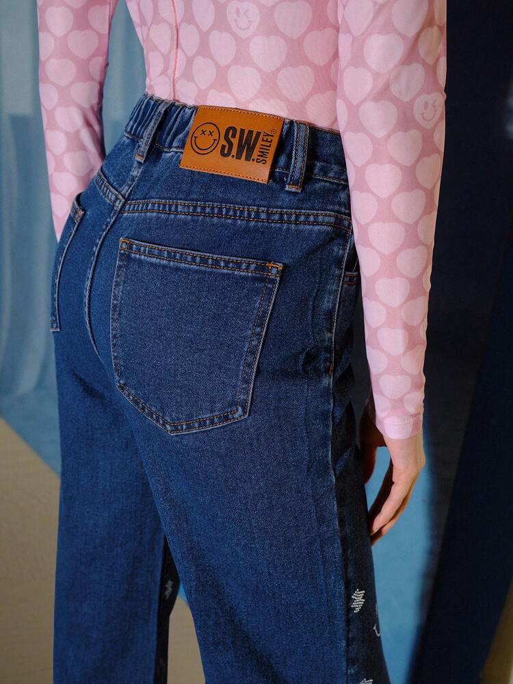 S.W.Smiley x MOTF RHINESTONE SMILE FACE PATTERN WIDE LEG JEANS